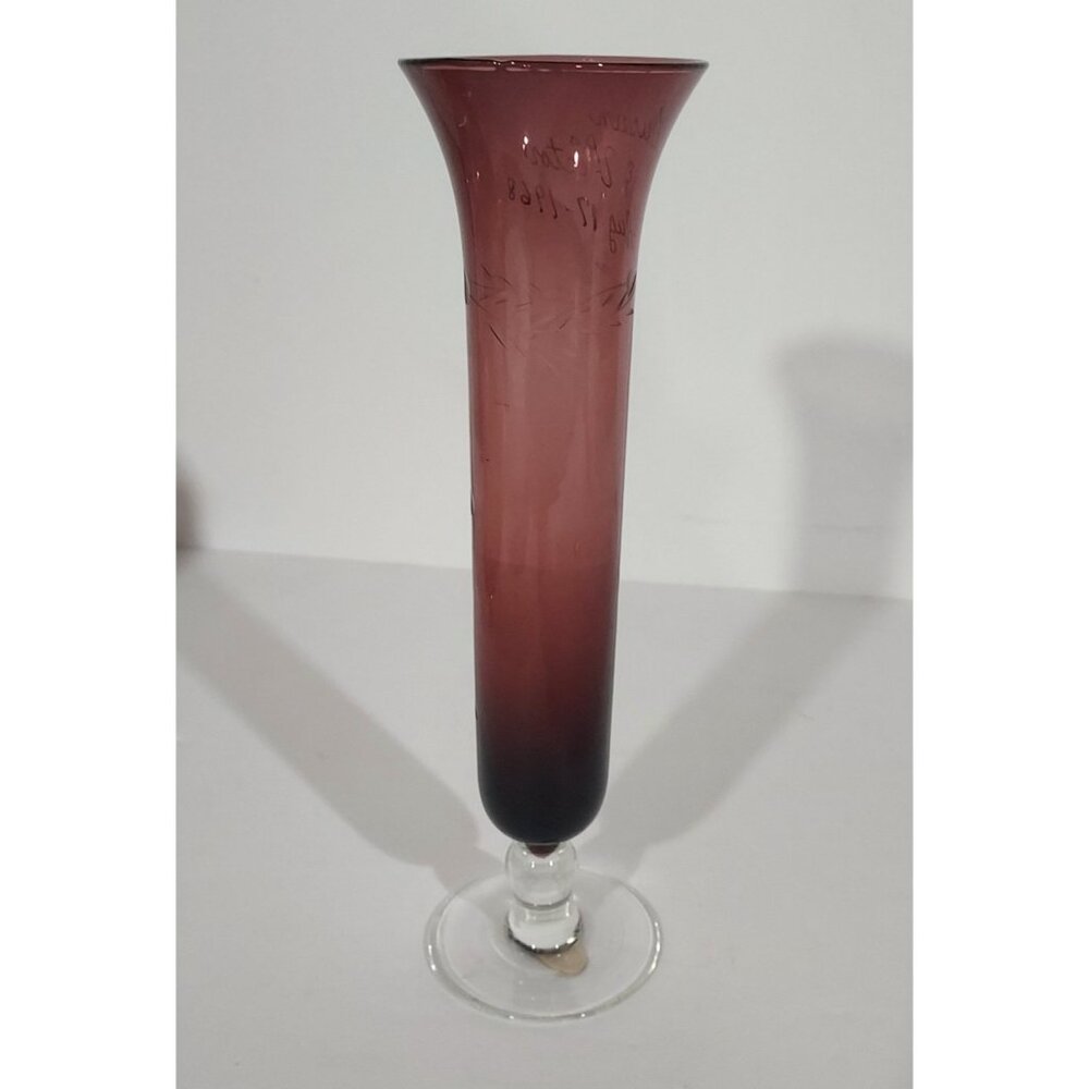 Amethyst Purple Glass 1968 Glows Gren 8" Bud Vase Pedestal Base Art Personalized - Picture 6 of 10